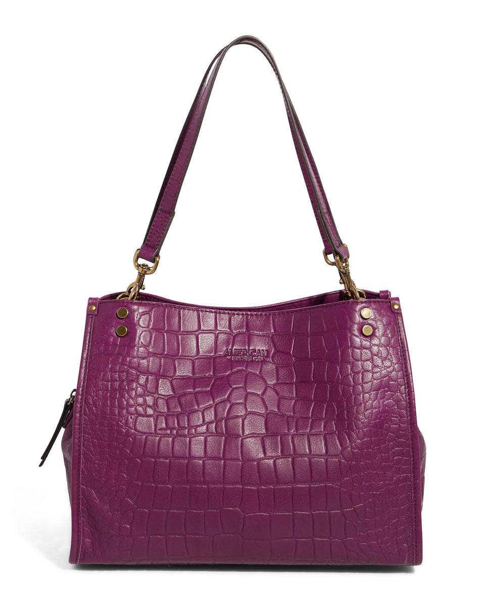 American Leather Co. Lenox Triple Entry Satchel Deep Berry Croco