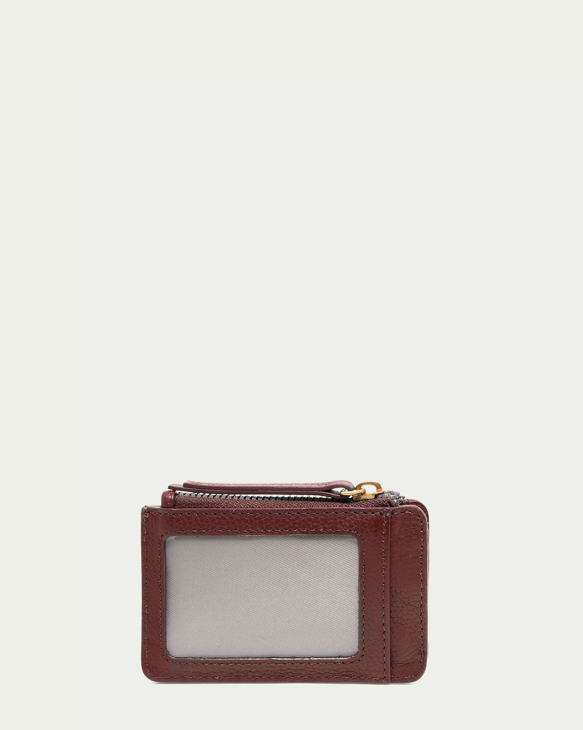 The Portland Wallet With RFID by American Leather Co. is crafted from brown glove-tanned leather, featuring a clear ID window and a top zippered pocket, blending elegance with functionality.