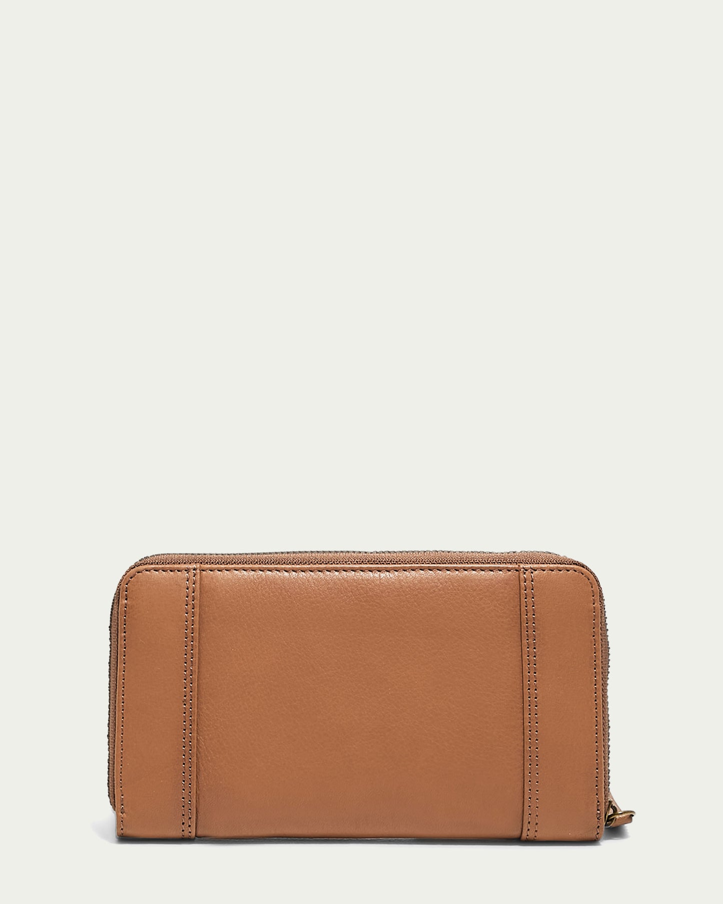 The Austin Continental Wallet by American Leather Co. is displayed against a light gray background, showcasing its brown leather, RFID protection, minimalistic design with subtle edge stitching, and secure zipper closure.