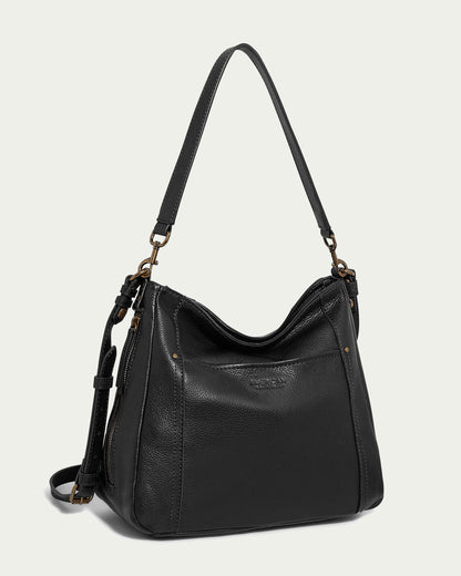 Here is an improved version of the sentence incorporating the given product data:

The Austin Convertible Shoulder Crossbody by American Leather Co. is a black leather handbag featuring a long, adjustable shoulder strap and a short handle. Its gold-tone hardware complements its minimalist design with subtle stitching. With side zipper pockets and spacious interiors, this versatile bag is perfect for both casual and formal occasions.