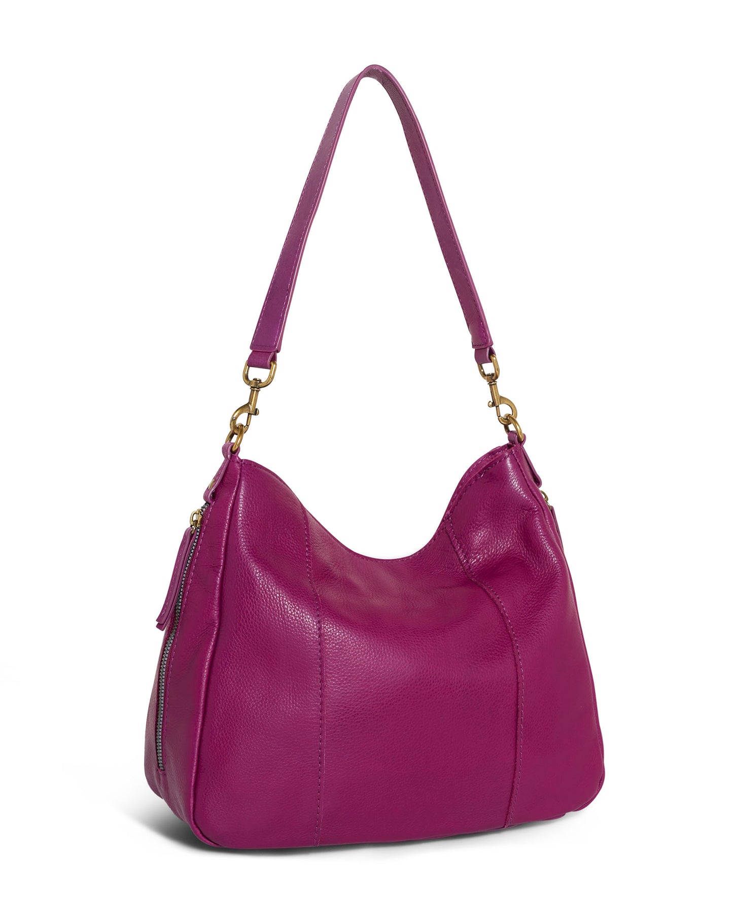 The Austin Shoulder by American Leather Co. is a vibrant magenta leather handbag featuring a shoulder strap and antiqued gold hardware. It boasts a slightly slouched, relaxed shape, complete with a zippered side pocket and visible stitching details. Crafted from genuine American leather, this modern and stylish accessory is perfect for any wardrobe.