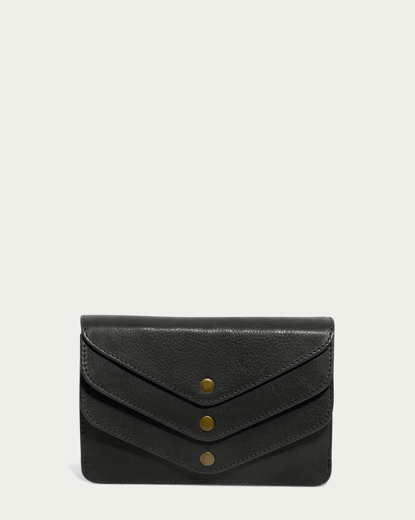 The Budd Multi-Pocket Wallet With RFID by American Leather Co. is displayed against a light background. This sleek, dark green women's wallet is crafted from genuine leather and boasts a textured surface. It features three triangular flaps with brass button closures arranged vertically down the center. Inside, you'll find ample credit card holder slots for optimal organization.