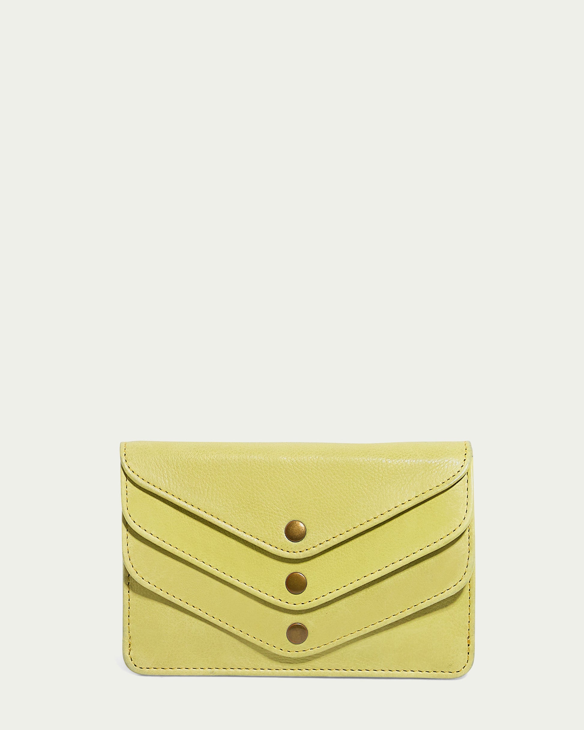 Introducing the Budd Multi-Pocket Wallet With RFID by American Leather Co. This lime green genuine leather wallet features three flap designs, each elegantly secured by a bronze button. Crafted to combine elegance and functionality effortlessly, this credit card holder is presented against a plain light background.