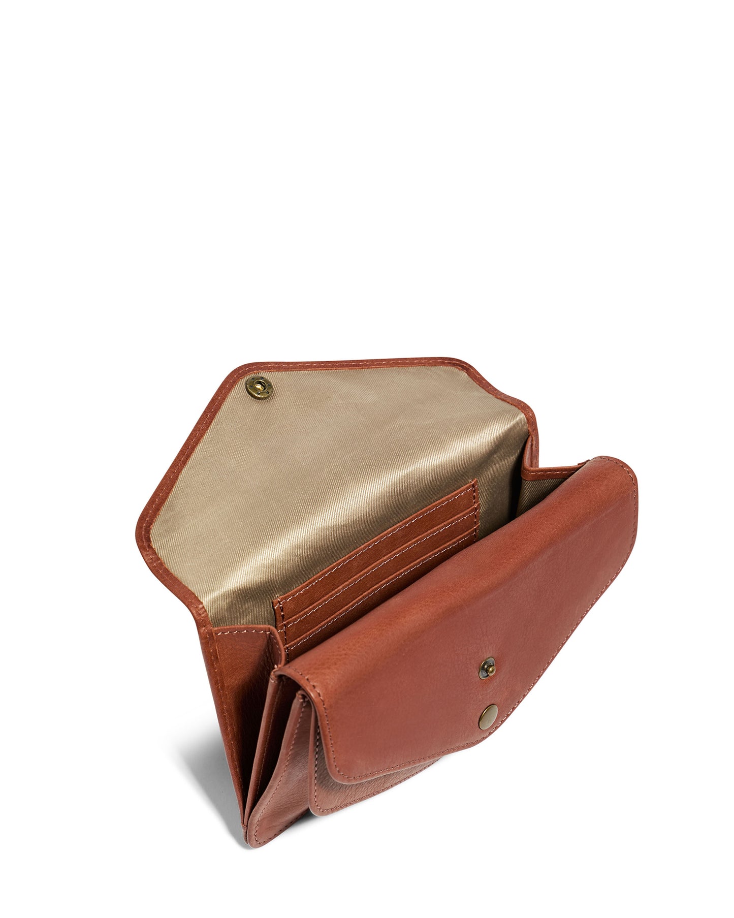 The Budd Multi-Pocket Wallet With RFID from American Leather Co. is open, showcasing its spacious design with multiple compartments and card slots, making it an ideal genuine leather credit card holder. It's crafted in brown leather with a snap button closure and features a light-colored fabric interior, beautifully displayed against a plain white background.