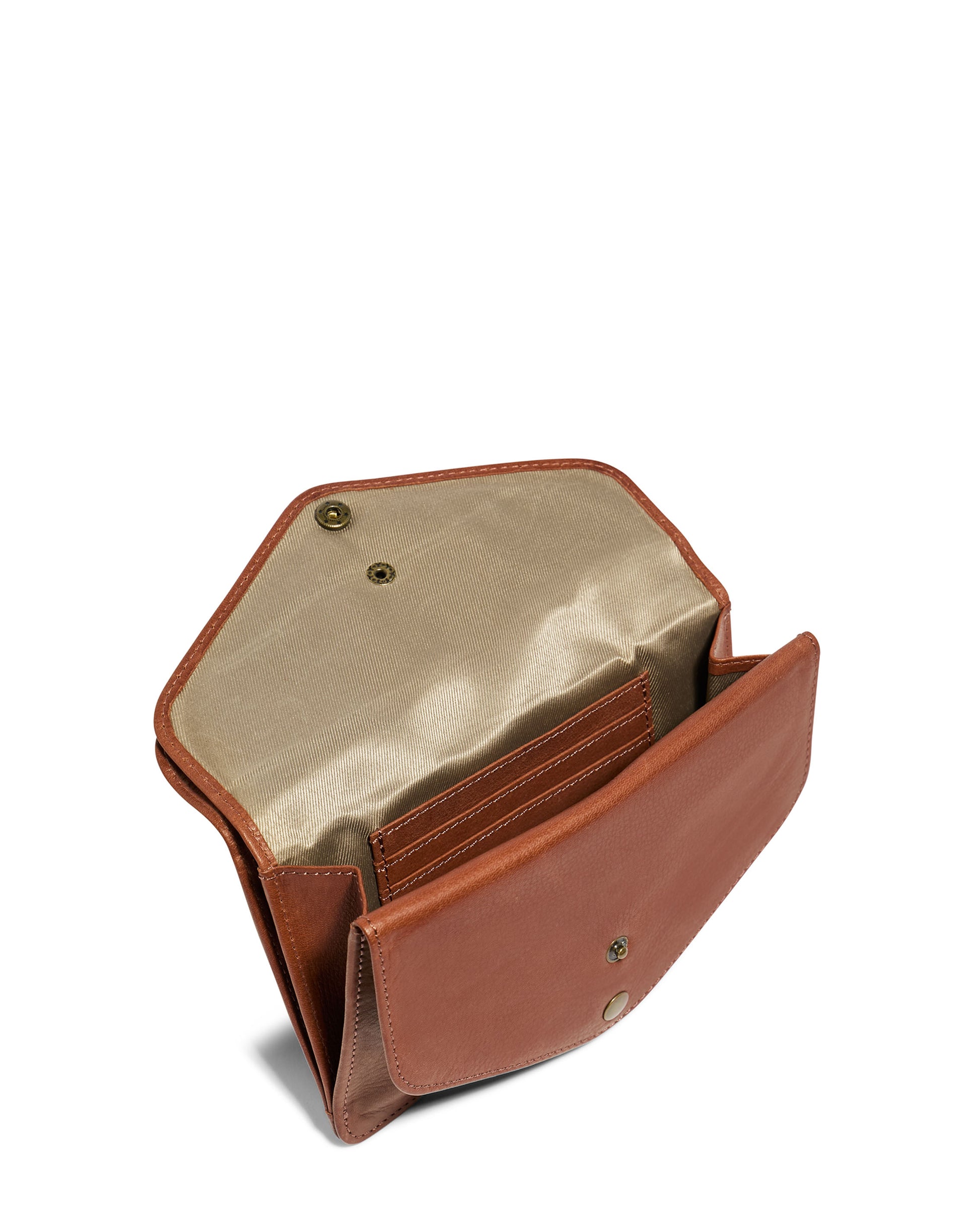 The Budd Multi-Pocket Wallet With RFID from American Leather Co. is crafted in brown genuine leather with a snap button closure that opens to reveal multiple compartments lined with beige fabric. This spacious wallet presents a simple, elegant design, offering ample room for cards and currency.