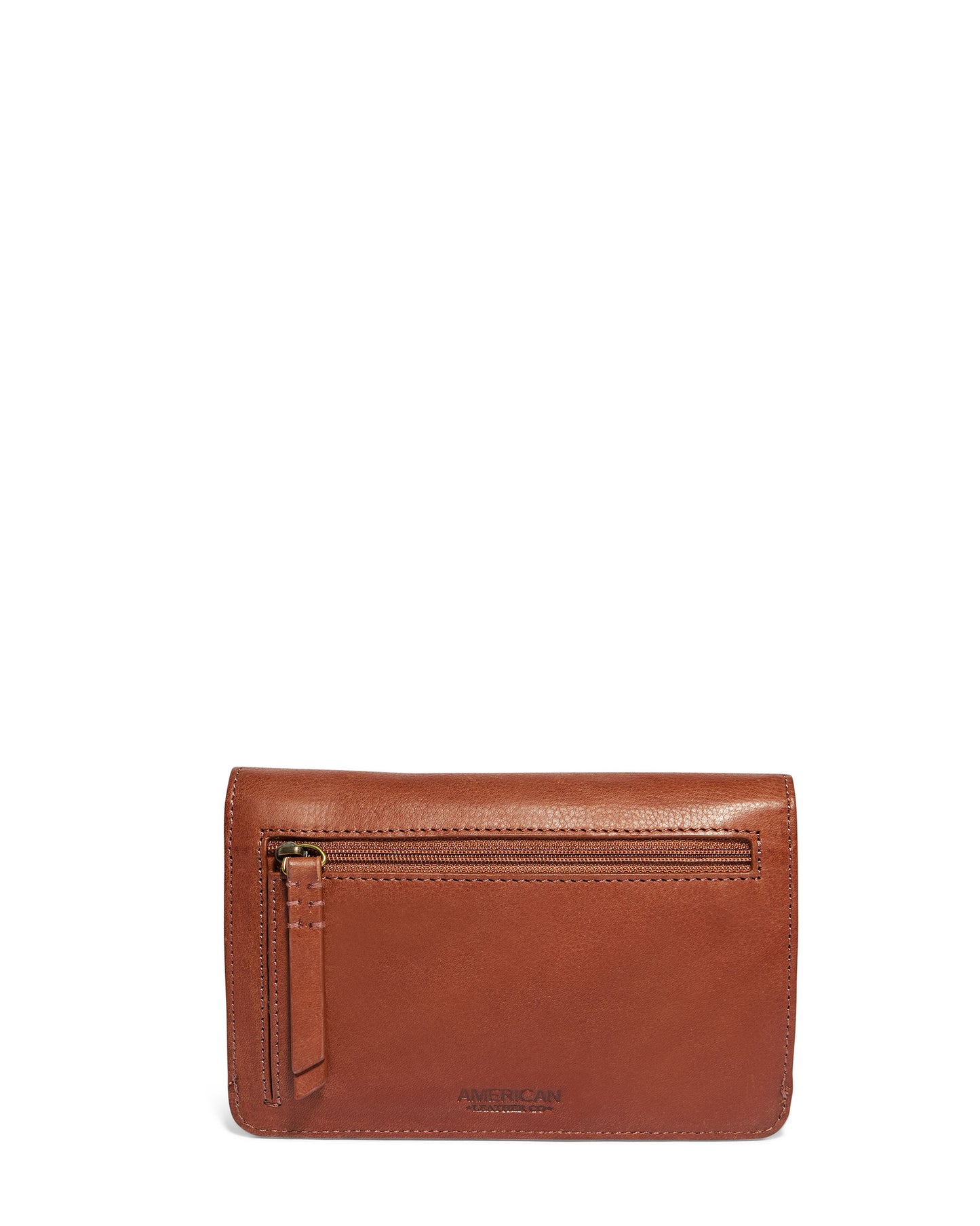 Against a plain white background, a spacious Budd Multi-Pocket Wallet with RFID by American Leather Co. in brown leather features a smoothly textured design, complete with a front zipper pocket and the brand name elegantly embossed at the bottom.