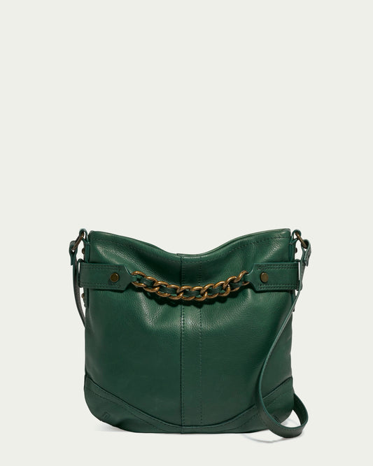 The Elton Crossbody by American Leather Co. is a stylish green leather handbag crafted from genuine American leather, featuring a gold chain accent and an adjustable crossbody strap, set against a plain background.