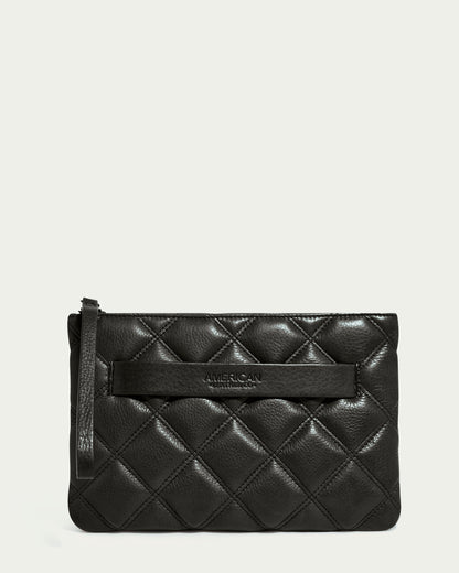 The Emerson Quilted Wristlet by American Leather Co. is a sleek, black clutch made from textured quilted leather. It features a wristlet strap and subtle embossing of "AMERICAN" in the center, embodying modern design elegance.