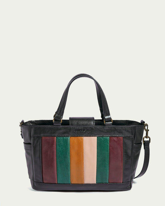 The Mason Mini Satchel Crossbody by American Leather Co. is a vintage-inspired handbag with a detachable strap and two short handles. It features green, red, orange, pink, and burgundy vertical stripes on the front and a black main body made of high-quality American leather.