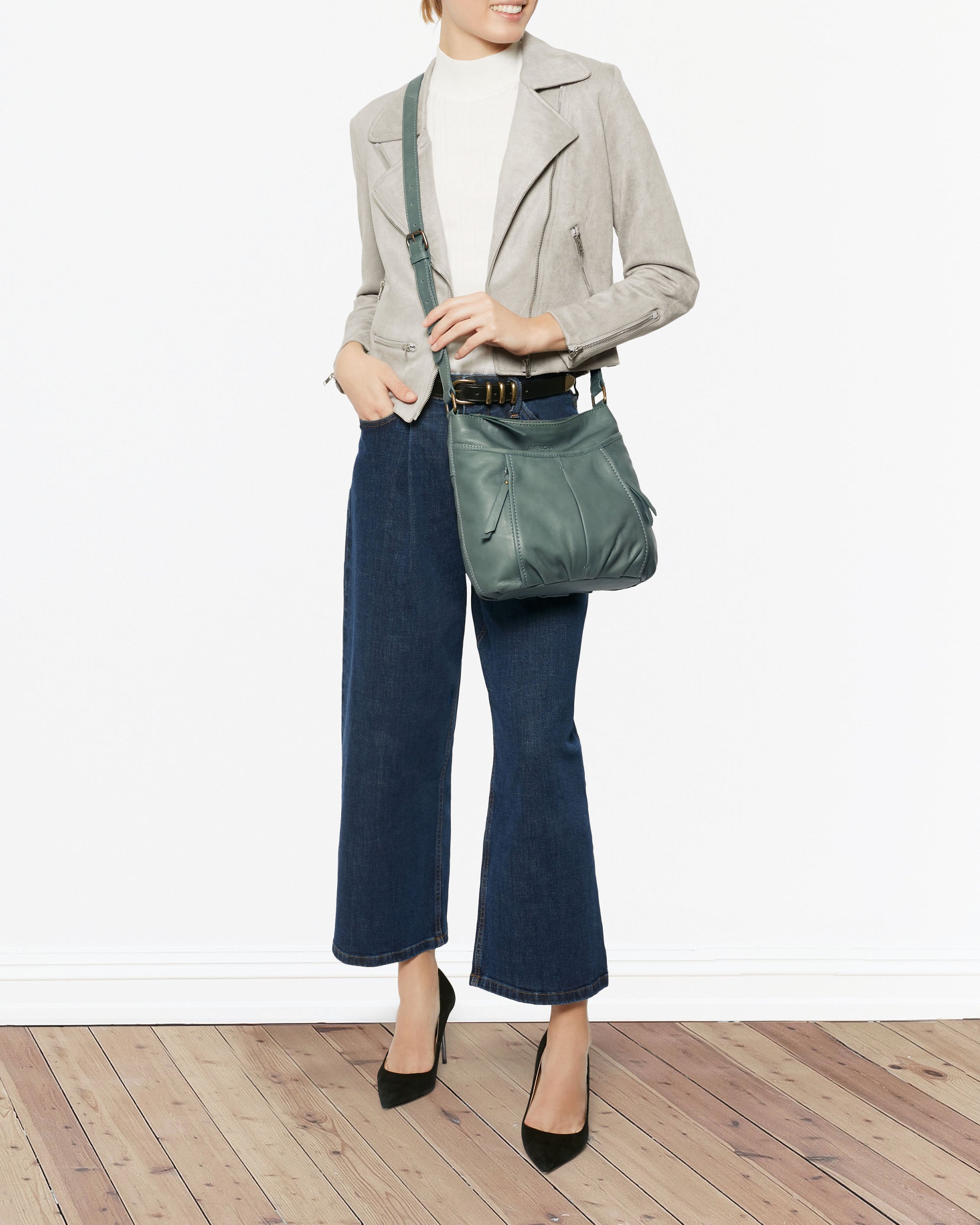 Lennie Double Entry Crossbody in Sage Leaf | American Leather Co.