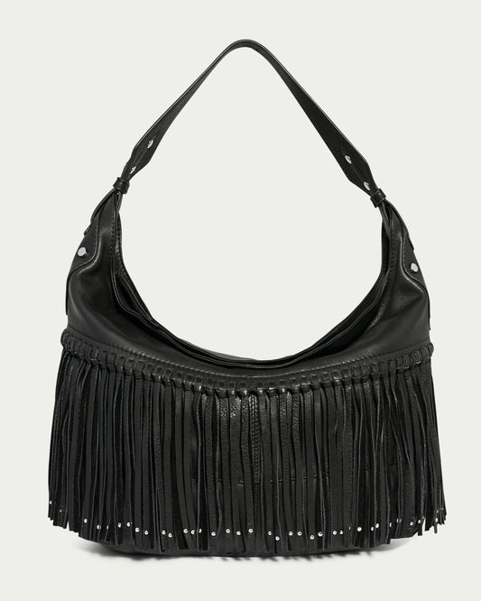 Introducing the Lilly Ziptop Hobo by American Leather Co., a stunning black fringe hobo handbag crafted from genuine leather. It boasts a wide strap and long decorative fringes on the front, with fine strips of fringe adorned with small silver studs near the strap's attachment points. This elegant fashion accessory is beautifully showcased against a plain light gray background, making it the perfect addition to any stylish wardrobe.