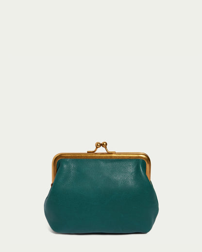 A small, green genuine leather Kisslock Wallet from American Leather Co. showcases a gold metal clasp against a plain off-white background. This framed kisslock purse has a soft, rounded shape.