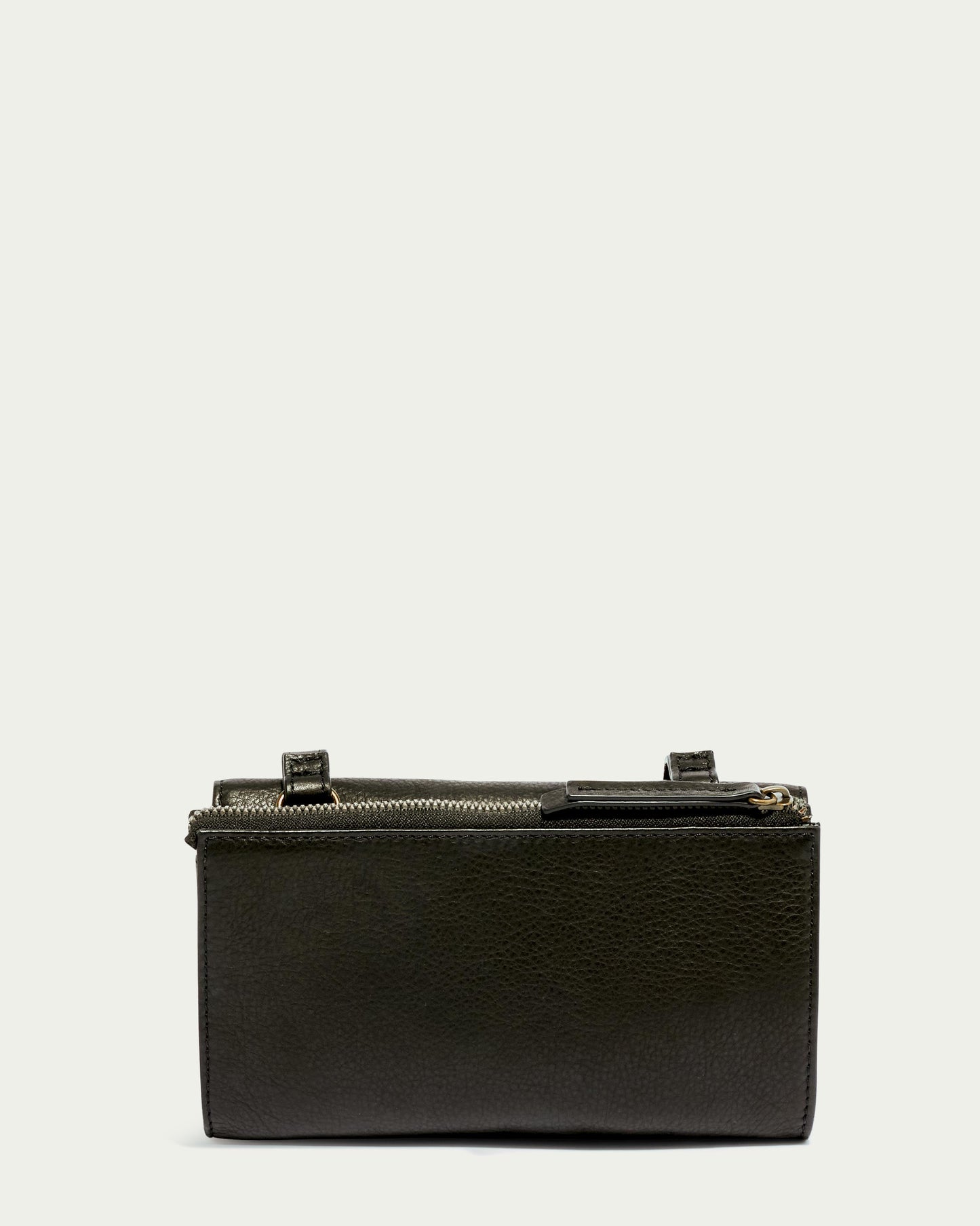 The Essex Wallet Crossbody by American Leather Co. is displayed against a light gray background. Crafted from genuine dark green American leather, it features a zipper closure and an elegant minimalist design with visible texture and an adjustable crossbody strap for versatile styling.