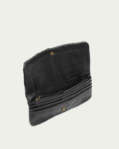 A Webster Woven Bifold Wallet in black leather from American Leather Co., showcasing multiple credit card slots, a zippered pocket, and a simple snap closure. The elegant design is highlighted by its visible interior lining against a light background.
