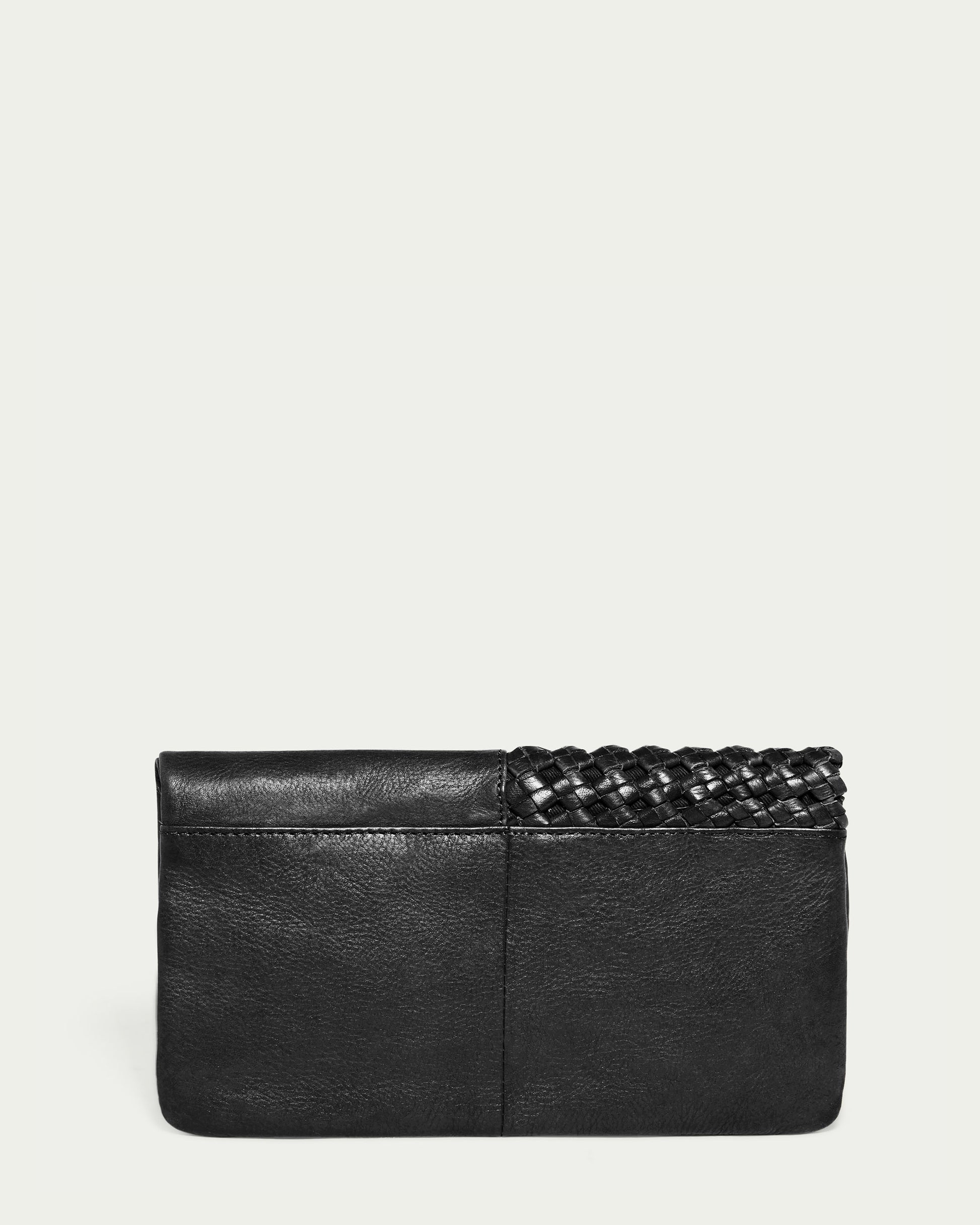 The Webster Woven Bifold Wallet by American Leather Co. is crafted in black leather with a textured woven design on its right side and discreet credit card slots inside, set against a plain light background.