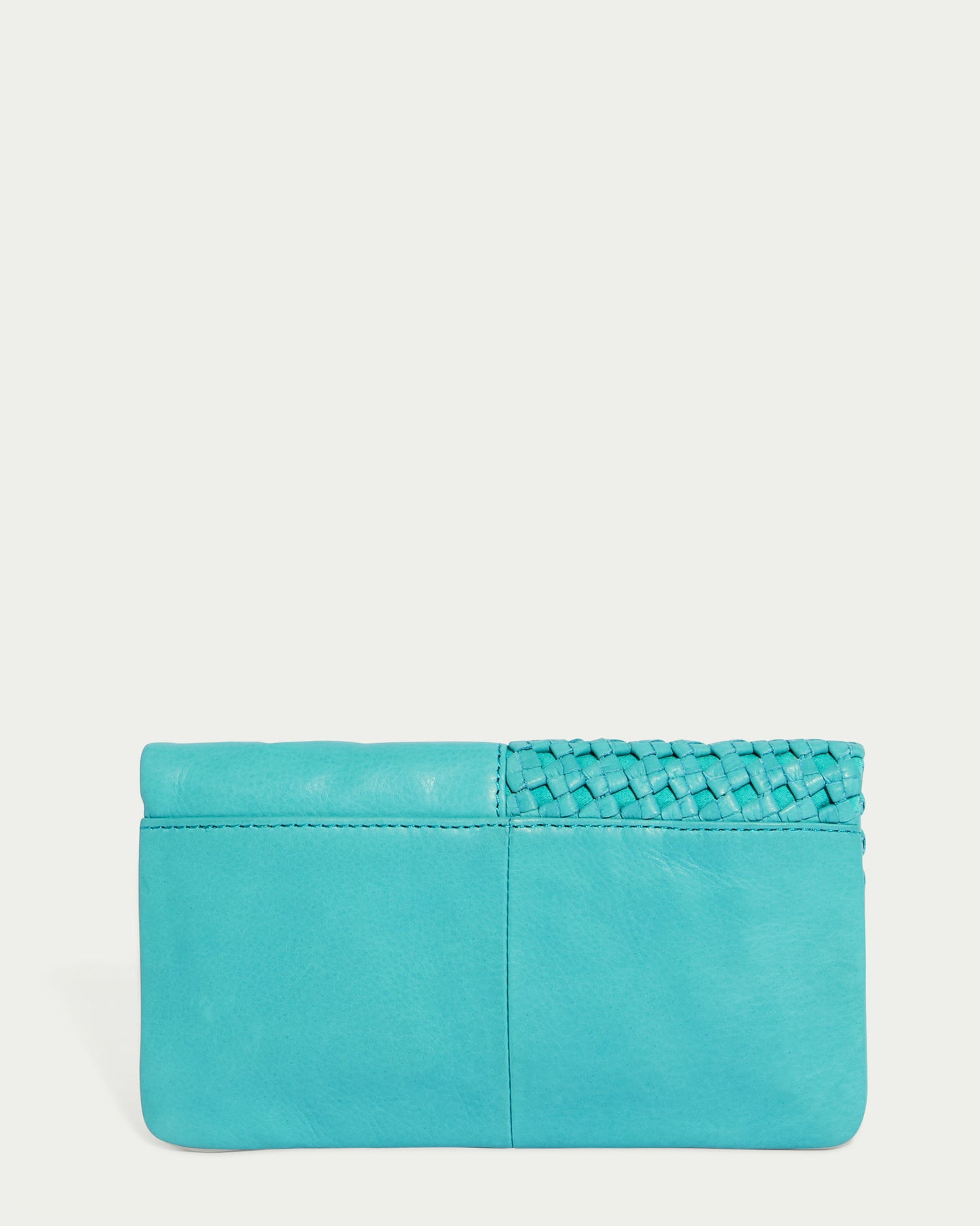 A turquoise bifold wallet from American Leather Co. featuring a braided detail on the upper right corner. Crafted with woven details, the Webster Woven Bifold Wallet is simple and elegant, showcasing a smooth texture on its body.