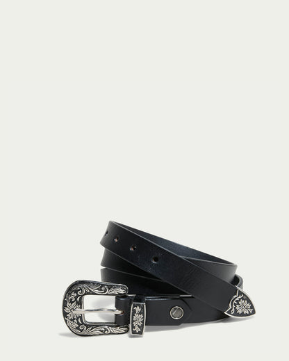 The Hamilton Belt by American Leather Co., a wardrobe essential, features an ornate silver buckle with intricate floral engravings. The polished hardware shines with matching engraved details on the loop and tip, complementing its plain black leather.