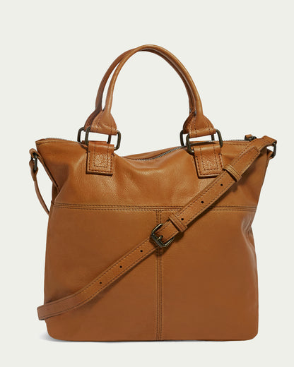 Introducing the Jamestown Tote by American Leather Co., a fashionable handbag made from genuine American leather in a sophisticated brown hue. It features two short handles and a long adjustable shoulder strap, accented with metal hardware. The design is completed with a top zip closure, visible stitching, and set against a plain background.