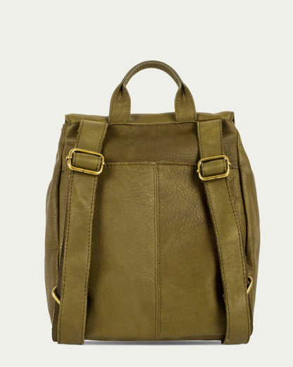 The Liberty Backpack by American Leather Co. is a women's green leather bag with adjustable straps and a top handle. It features gold-tone buckles and hardware, crafted from genuine American leather, and shown against a plain light background.