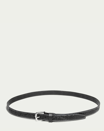 The Lockport Belt from American Leather Co. is a slim black calf leather belt with a subtle embossed pattern and Western-inspired design, featuring a silver buckle, displayed on a plain light background.