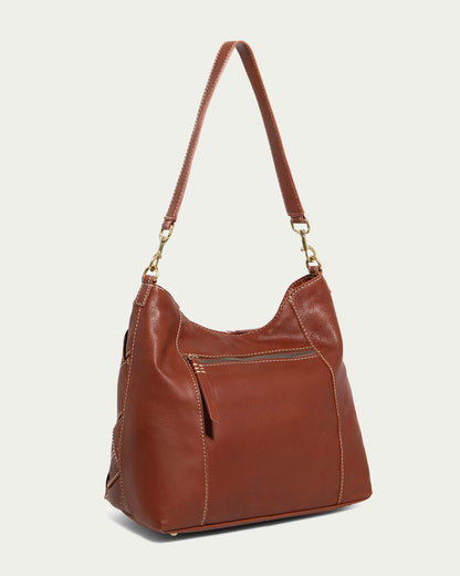 The Mercer Woven Top Zip Hobo by American Leather Co. features a classic hobo design with woven leather, a removable strap, visible stitching, a front zipper pocket, and elegant gold-toned hardware.