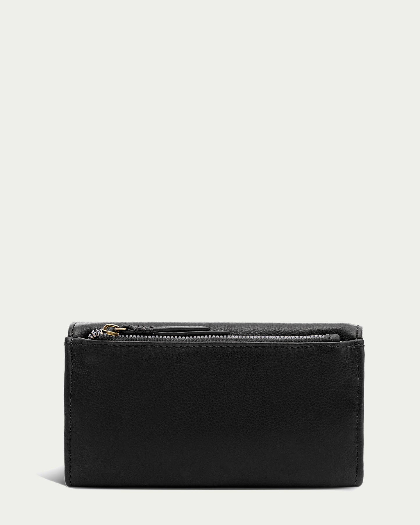 A black Hickory Bifold Wallet from American Leather Co. is displayed against a light background. This genuine leather wallet showcases a prominent silver zipper on top, includes 24 card slots, and boasts a simple, minimalist design.