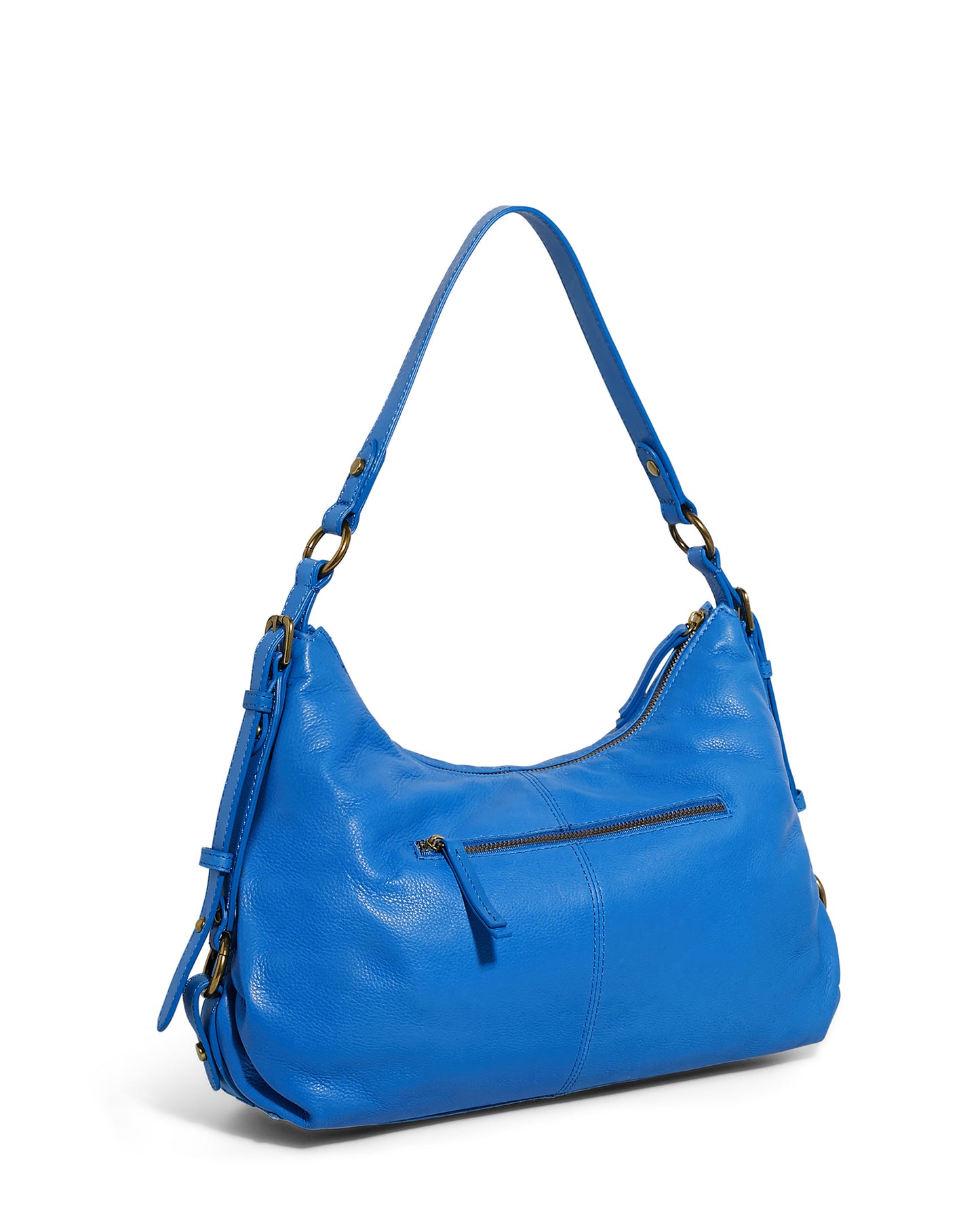 The Thayer Perfect Hobo by American Leather Co. is a bright blue, genuine leather purse with a curved hobo design, featuring a single shoulder strap connected by gold-tone hardware and a front zipper pocket.