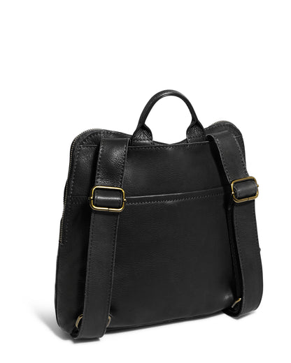 The Cleveland Midsize Backpack by American Leather Co. is a sleek and stylish black leather accessory, featuring a top handle and adjustable shoulder straps with brass buckles. This minimalist design boasts visible stitching, a side pocket, and a convenient zip compartment, combining classy aesthetics with functionality.