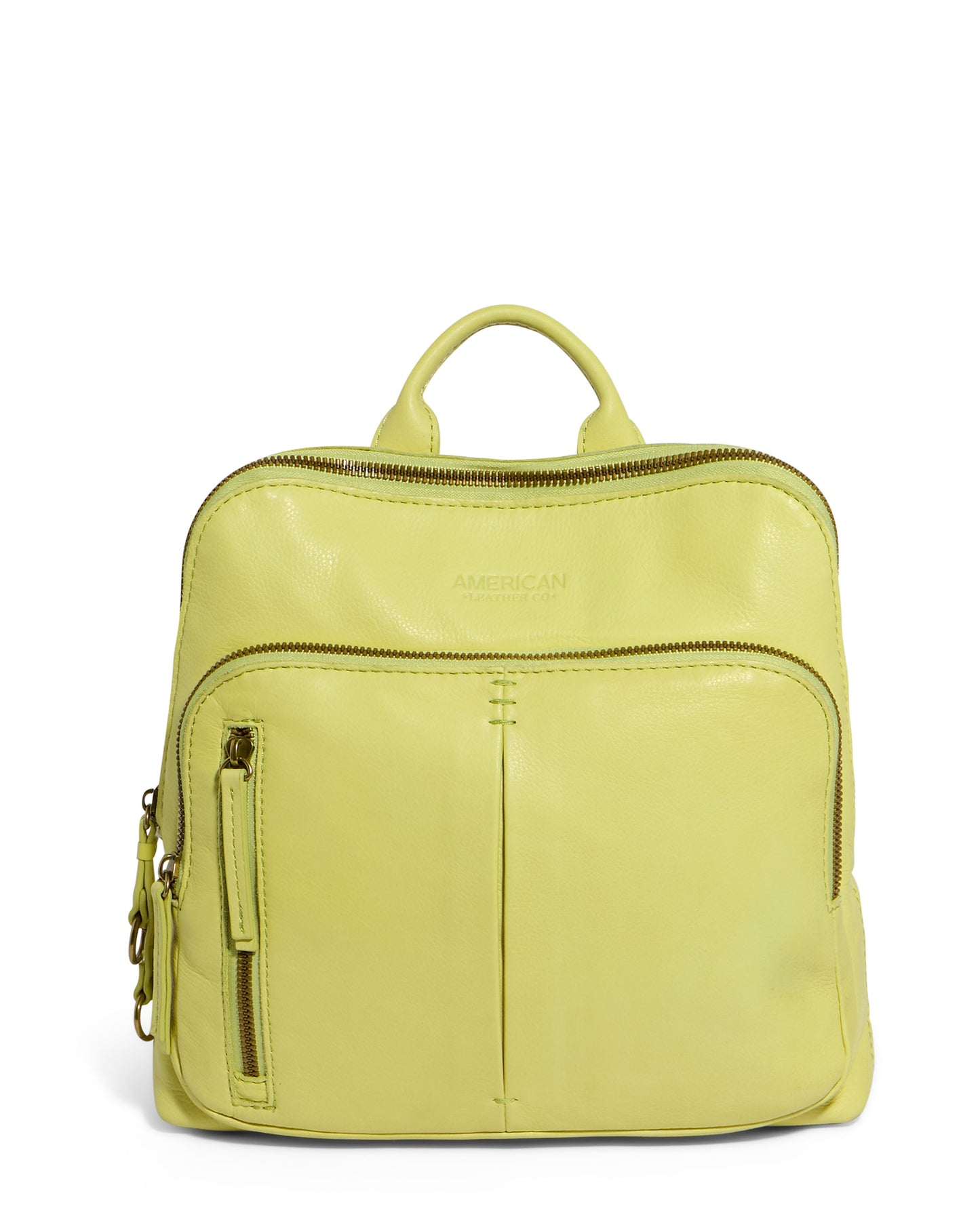 A midsize, lemon-yellow, genuine leather backpack with silver zippers. The Cleveland Midsize Backpack features a handle on top, a front zip compartment pocket, vertical stitch accents, and a main compartment. The brand name "American Leather Co." is subtly embossed above the front pocket.