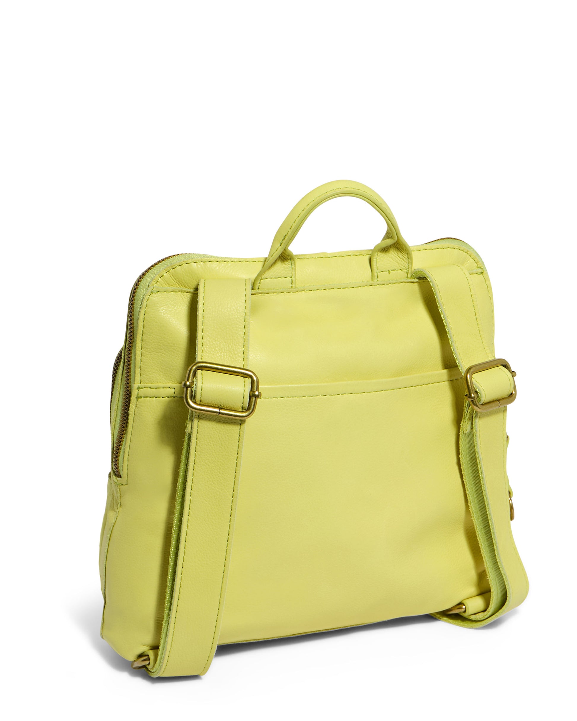 The Cleveland Midsize Backpack by American Leather Co. is a small, square-shaped, yellow backpack made from genuine leather. It features adjustable shoulder straps, a top handle, and gold-toned hardware. The bag boasts a simple design with a front zip compartment, top zipper closure, and flat back pocket. The smooth and slightly glossy material adds to its appeal.