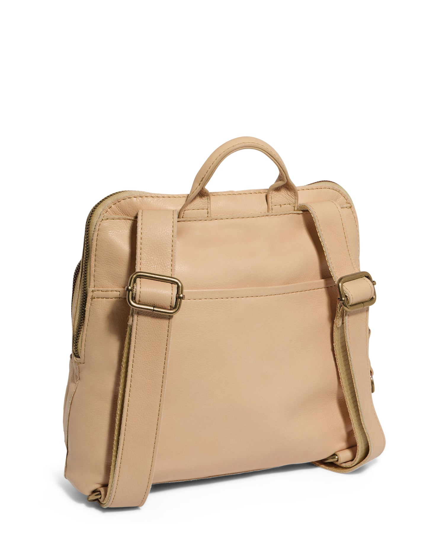 The Cleveland Midsize Backpack from American Leather Co. is a light tan leather backpack featuring adjustable straps, a top handle, and a zippered main compartment. It boasts smooth genuine leather with a stitched border design along the edges.