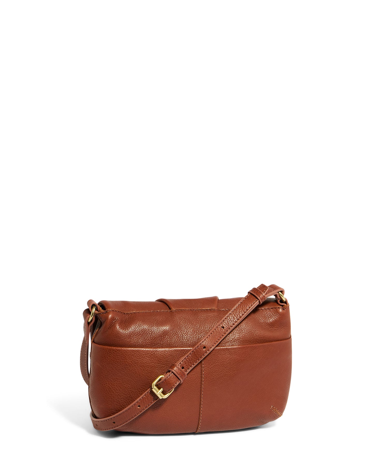 The Talya Double Entry Crossbody by American Leather Co. is a genuine leather bag featuring a gold buckle on its adjustable strap. The bag boasts a smooth texture, minimal stitching details, and an elegantly simple design.