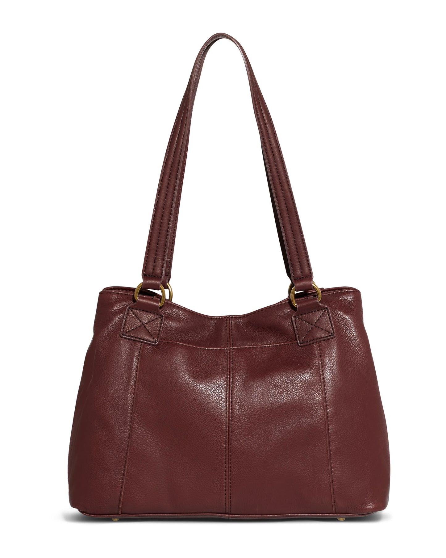 The American Leather Co. Val Perfect Satchel is a brown leather handbag with two parallel shoulder straps and antiqued hardware. The bag features a slightly rounded, structured design with vertical stitching and minimal decorative elements, including a magnetic snap pocket, emphasizing its classic and elegant look.