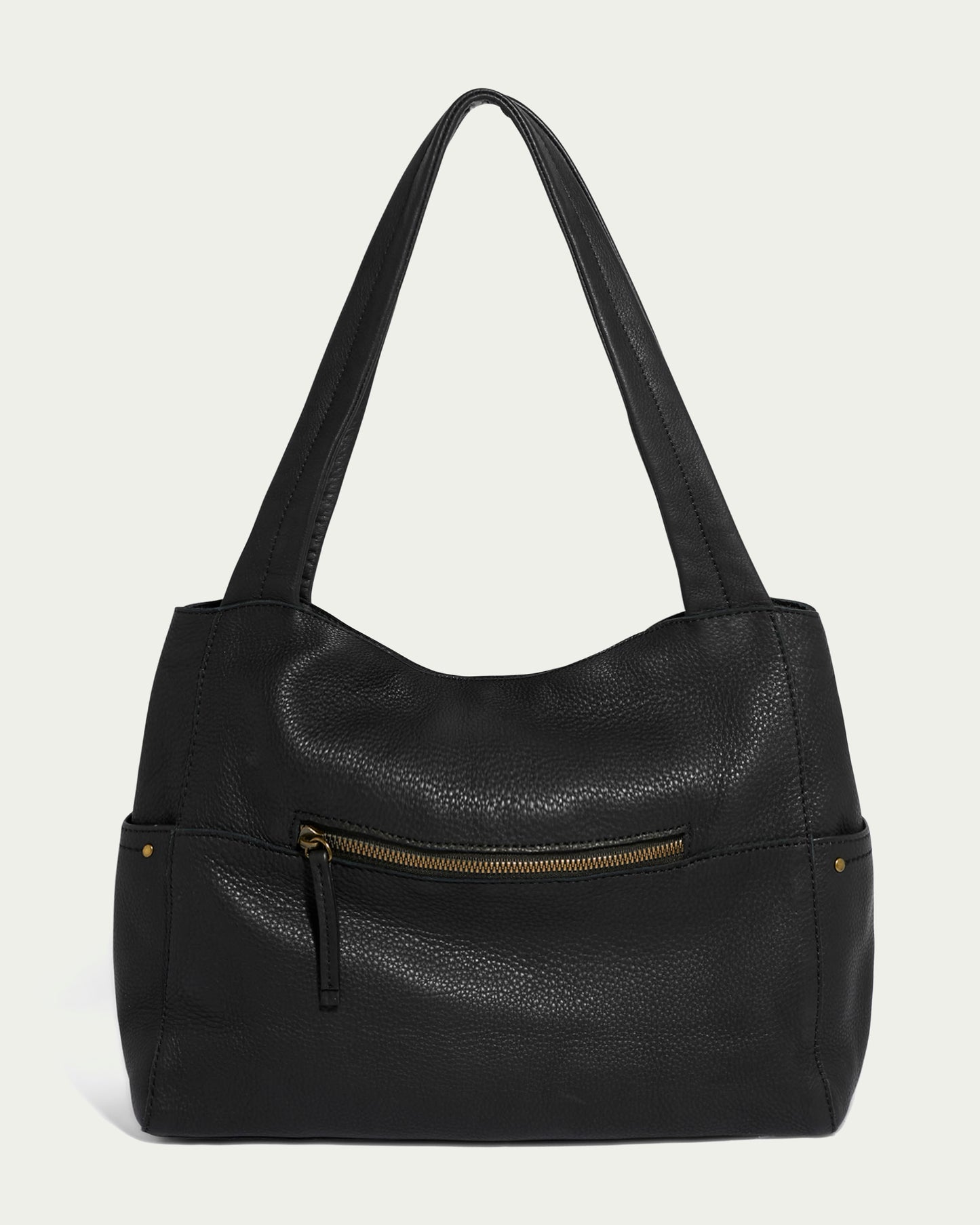 The Virginia Tote from American Leather Co. is a stylish black calf leather handbag featuring two shoulder straps, a zippered front pocket, a textured surface, and metallic accents on the zipper to merge functionality with elegance.