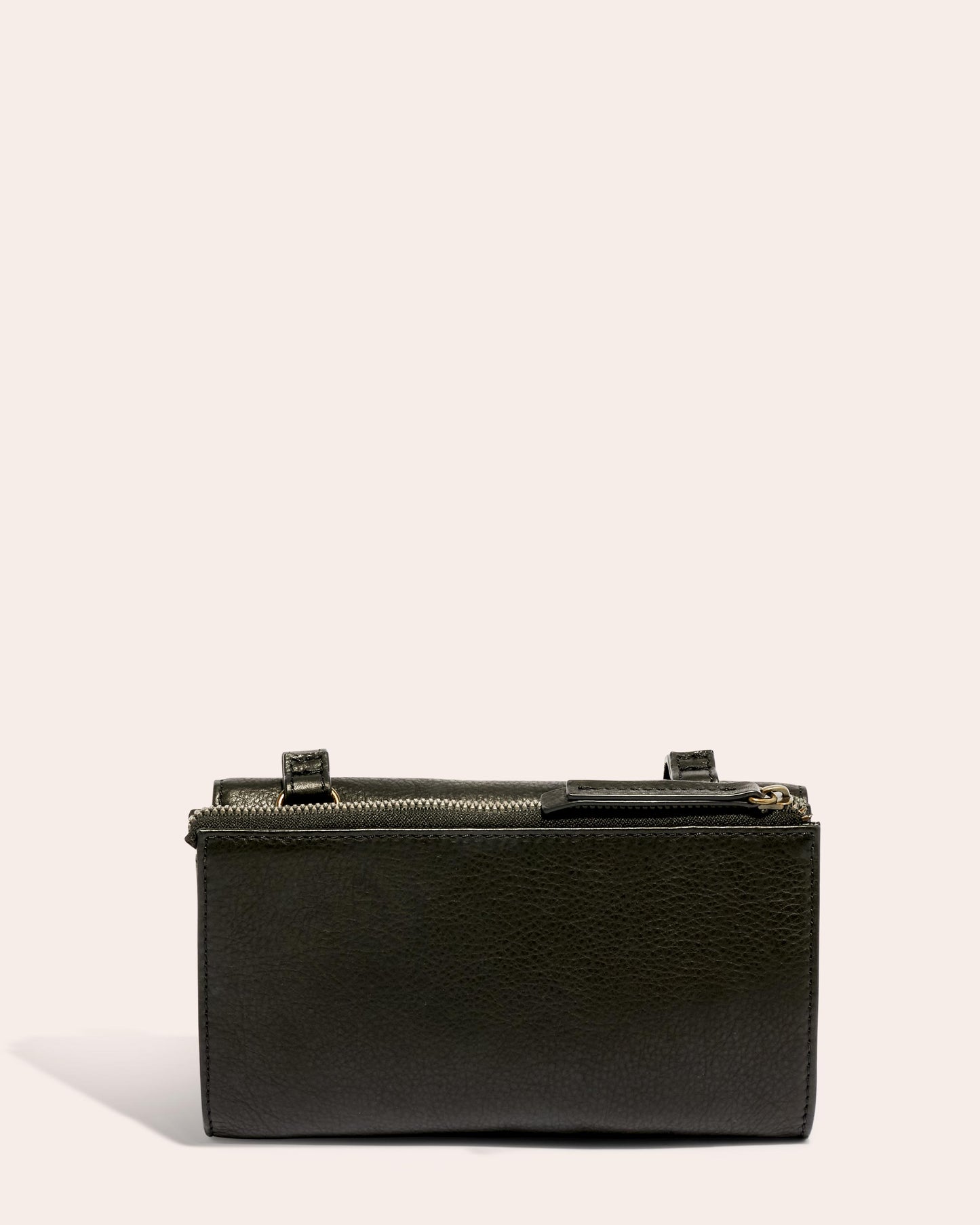 The Essex Wallet Crossbody, presented by American Leather Co., is featured against a neutral backdrop. This textured dark green accessory, made from authentic American leather, showcases its zipper closure while being partially open to offer a peek inside. Soft lighting highlights the piece, casting a subtle shadow to the left.