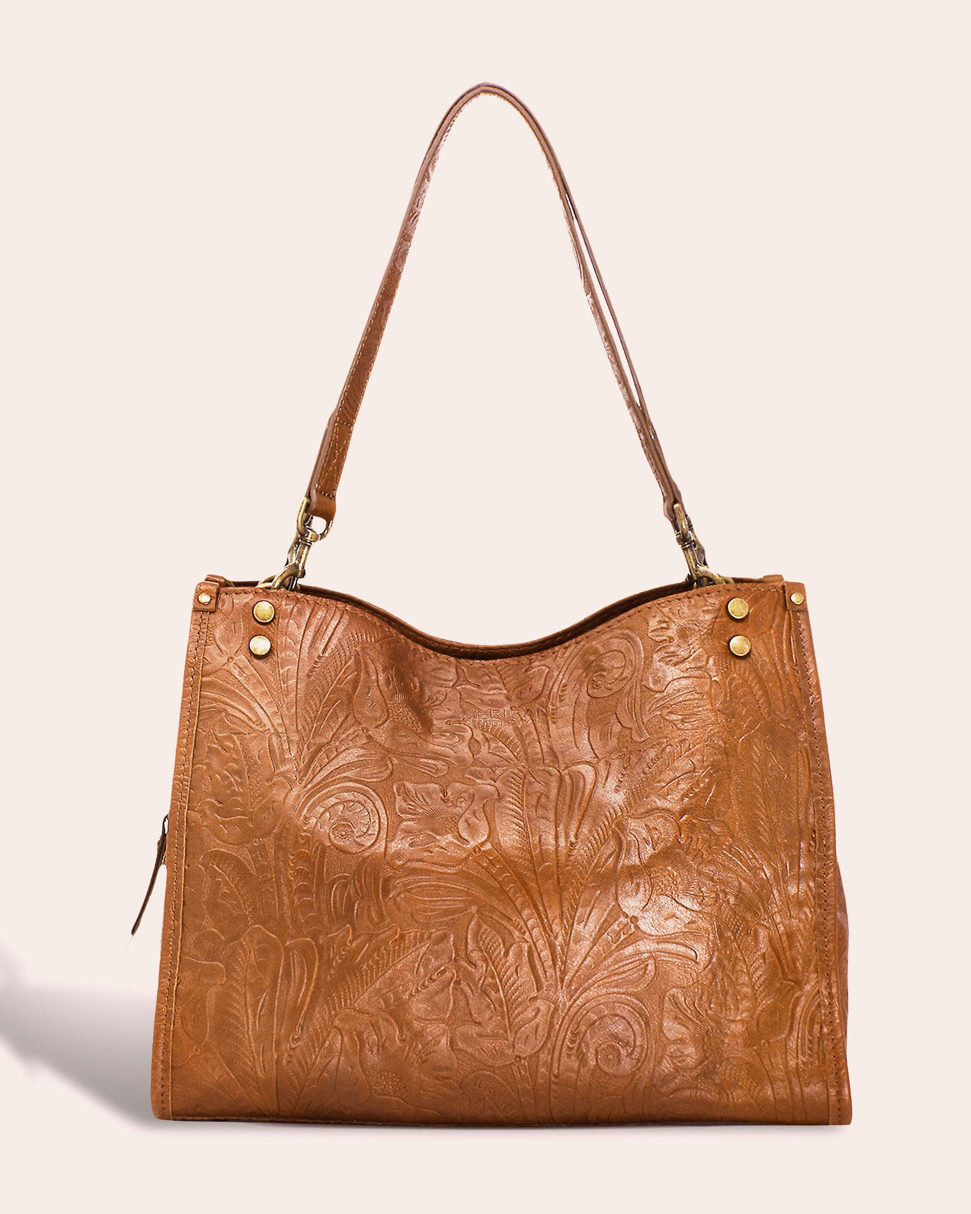 American Leather Co. Lenox Triple Entry Satchel - cafe latte tooled front